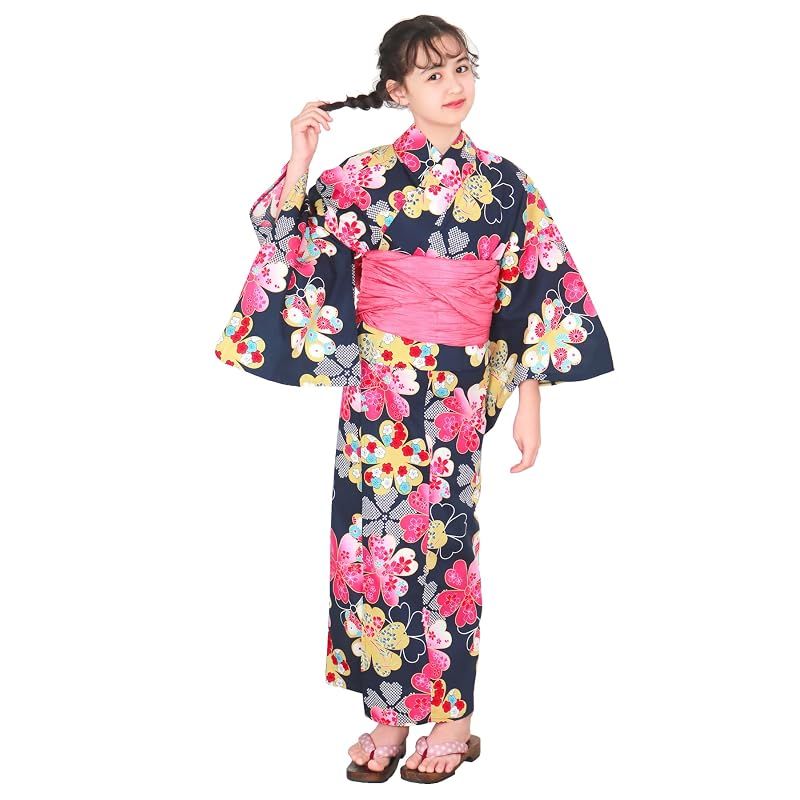 【新品】 [KYOETSU] [キョウエツ] 浴衣セット 女の子 変わり織 生成り 3点セット(浴衣、兵児帯、下駄) ガールズ ジュニア (1.花尽くし, 140cm)