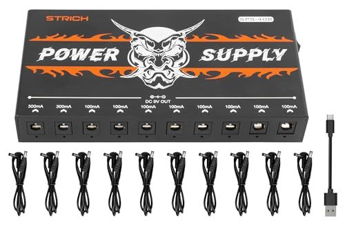 STRICH エフェクター電源 充電式 パワーサプライ 10000mAh 大容量 ノイズレス 10出力 (9V 300mA×2 / 100mA×8) 5V USBポート搭載 ギター ベース ペダル用 独立動作 SPS-40B★m 6b3093bc