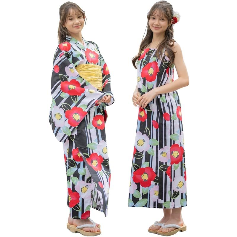 【新品】 [キャサリンコテージ]レディース ワンピースになる2wayレディース浴衣 織り柄生地タイプ WB009 フリーサイズ モダン縞椿[12] TAK