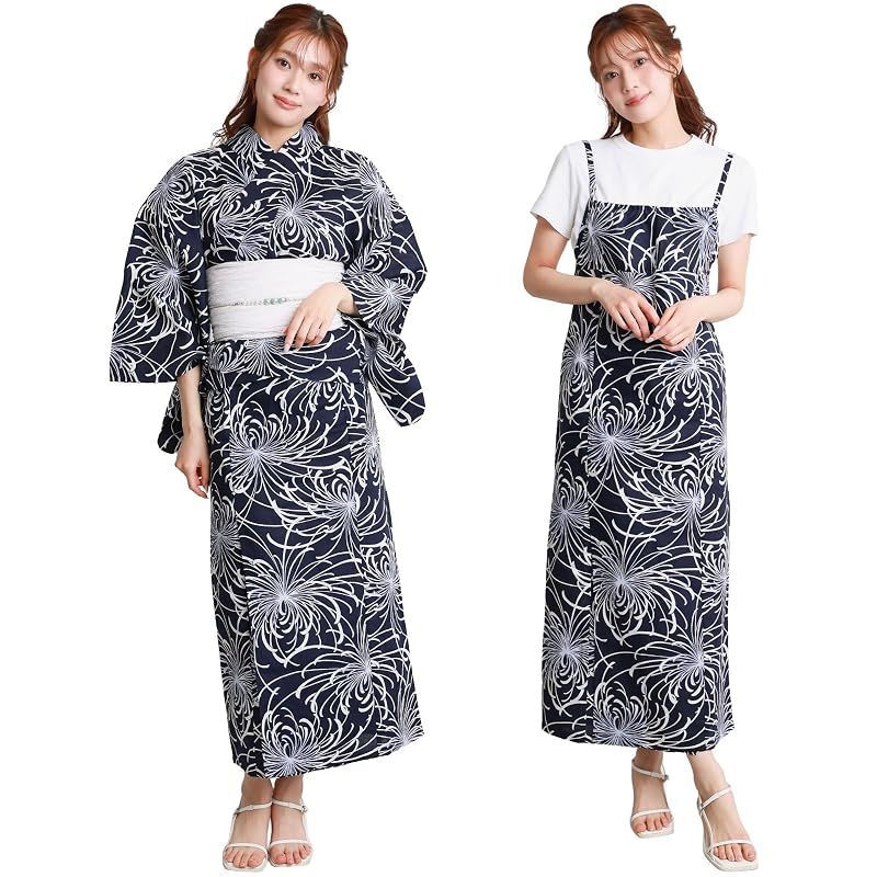 【新品】 [ON NISHIKI] 浴衣 レディース セパレート (ワンピース＋上衣＋帯) 3点セット 綿100％ 変わり織 (ML/LL) 選べるサイズ 簡単着付け 2WAY 二部式 兵児帯 大人用 レトロ 和柄 大きいサイズ (兵児帯:ﾎﾜｲﾄ_糸菊:16