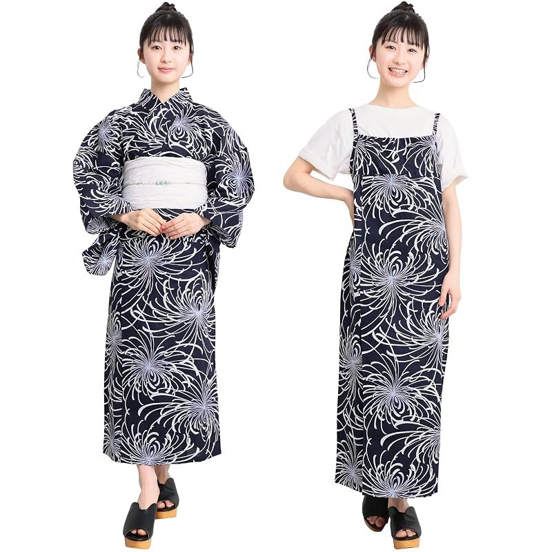 【新品】 [ON NISHIKI] 浴衣 子供 キッズ 女の子 セパレート (ワンピース＋上衣＋帯) 3点セット 綿100％ 変わり織 (140cm/150cm/160cm) ジュニア 簡単着付け 2WAY 二部式 兵児帯 レトロ 和柄 (兵児帯:ﾎﾜｲﾄ_糸