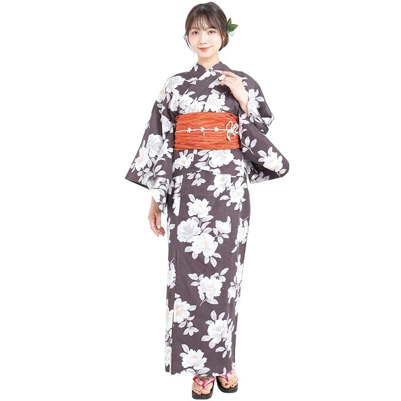 【新品】 [ON NISHIKI] 浴衣 レディース セパレート (ワンピース＋上衣＋帯) 3点セット 綿100％ 変わり織 (ML/LL) 選べるサイズ 簡単着付け 二部式 2WAY 大人用 兵児帯 レトロ 和柄 大きいサイズ (兵児帯:橙_夏椿(黒鳶):9