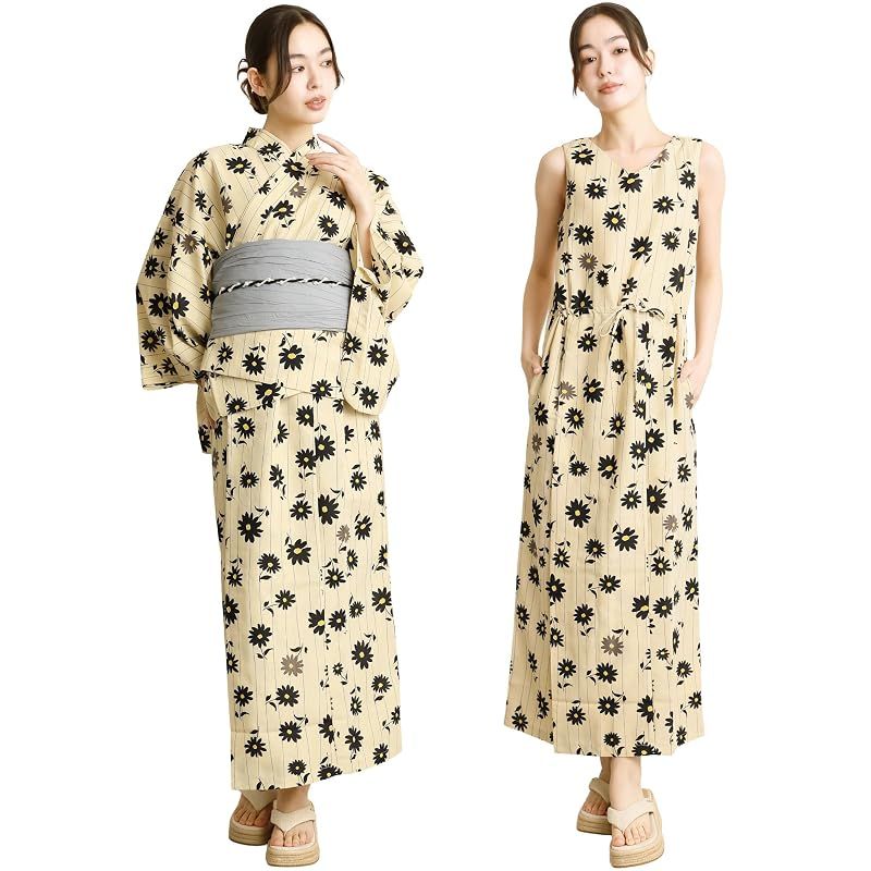 【新品】 [ON NISHIKI] 浴衣 レディース セパレート (ワンピース＋上衣＋帯) 3点セット 簡単着付け 吸水速乾 CoolPass素材 2WAY 二部式 兵児帯 大人用 フリーサイズ (ｲｴﾛｰﾍﾞｰｼﾞｭに秋桜-3A/kww001)
