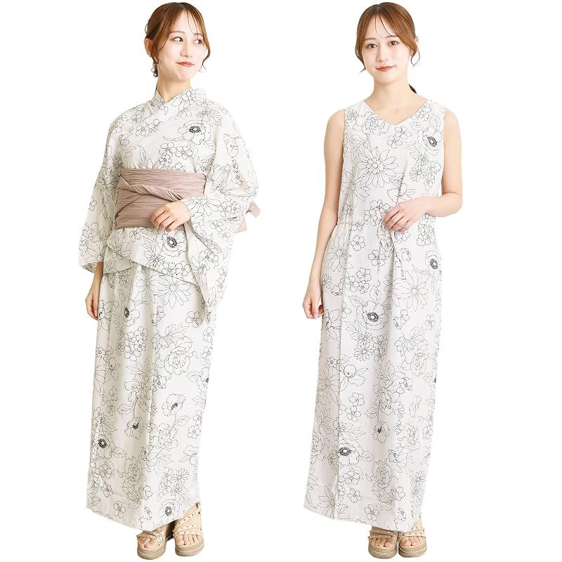 【新品】 [ON NISHIKI] 浴衣 レディース セパレート (ワンピース＋上衣＋帯) 3点セット 簡単着付け 吸水速乾 CoolPass素材 2WAY 二部式 兵児帯 大人用 フリーサイズ (ﾎﾜｲﾄにｱﾈﾓﾈ-1A/kww001)
