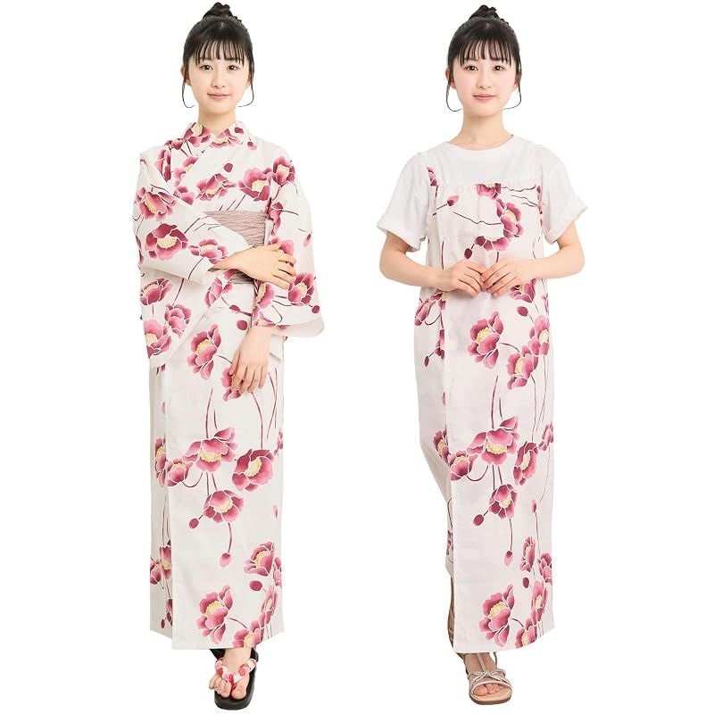 【新品】 [ON NISHIKI] 浴衣 子供 キッズ 女の子 セパレート (ワンピース＋上衣＋帯) 3点セット 綿100％ 変わり織 (140cm/150cm/160cm) ジュニア 簡単着付け 2WAY 二部式 兵児帯 レトロ 和柄 (兵児帯:ﾋﾟﾝｸﾌﾞ