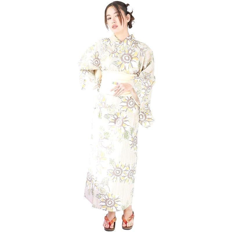 【新品】 [ON NISHIKI] 浴衣 レディース セパレート (ワンピース＋上衣＋帯) 3点セット 綿100％ 変わり織 (ML/LL) 選べるサイズ 簡単着付け 二部式 2WAY 大人用 兵児帯 レトロ 和柄 大きいサイズ (兵児帯:淡黄_向日葵燦夏:1