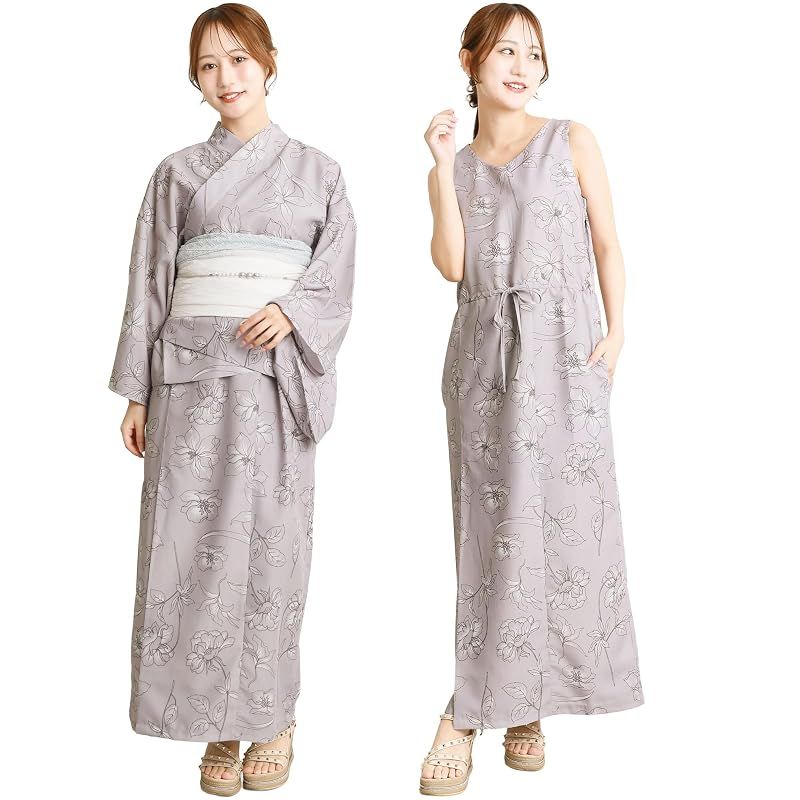 【新品】 [ON NISHIKI] 浴衣 レディース セパレート (ワンピース＋上衣＋帯) 3点セット 簡単着付け 吸水速乾 CoolPass素材 2WAY 二部式 兵児帯 大人用 フリーサイズ (ｸﾞﾚｰｼﾞｭに水仙-9A/kww001)