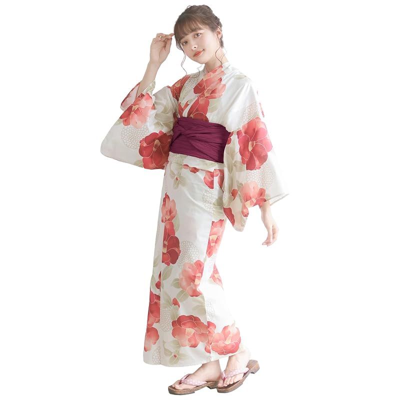 【新品】 [KYOETSU] [キョウエツ] 浴衣セット 変わり織 生成り 二部式 3点セット(浴衣、兵児帯、下駄) レディース AB (14.初恋椿, フリーサイズ)