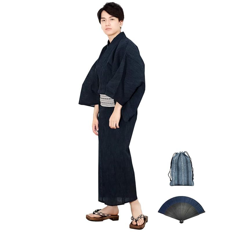 【新品】 [KYOETSU] [キョウエツ] 浴衣 メンズ セット ゆかた 男性 - 大きいサイズ 黒 紺 グレー 帯 下駄 腰紐 巾着 綿 麻 無地 おしゃれ G 6点 フルセット (L, G-3.紺(ワンタッチ角帯 灰))