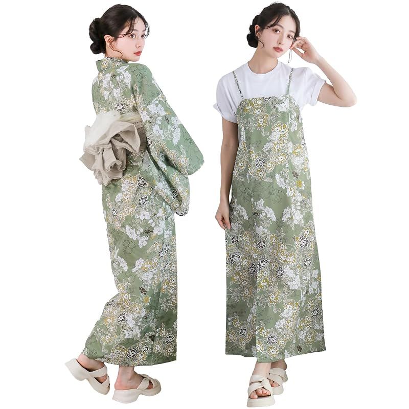【新品】 [KYOETSU] [キョウエツ] 浴衣セット 変わり織 生成り ワンピース 3点セット(浴衣、兵児帯、ぷち兵児帯) レディース (春の庭園, フリーサイズ)