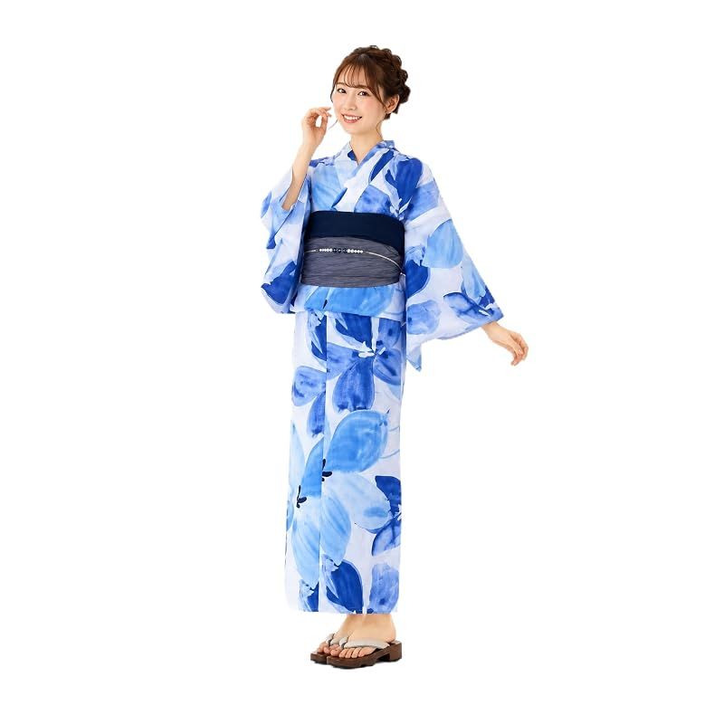 【新品】 [NISHIORI] 浴衣 レディース 2点セット 兵児帯 綿100％ フリーサイズ 大人向け 上品デザイン 花火大会 夏祭り 盆踊り イベント用 ゆかた 女性用 (kmflat-05)