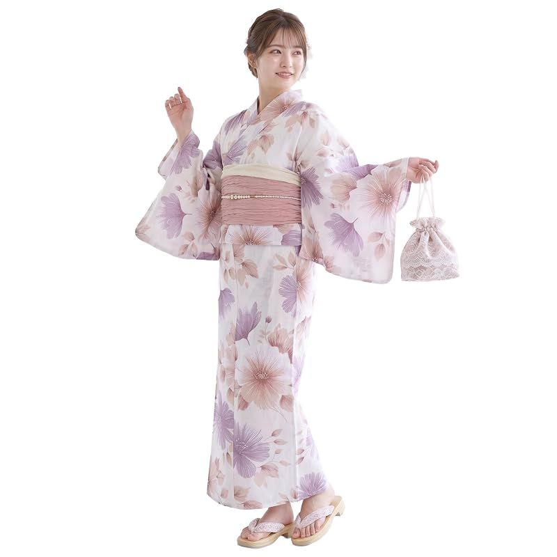 【新品】 浴衣 セット レディース 二部式 選べる浴衣 しわ兵児帯 2点セット 大人かわいい 上品 花柄 夏祭り 花火大会 (07, 通常タイプ)