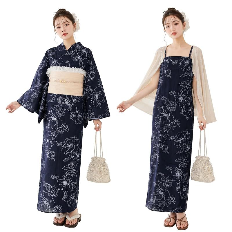 【新品】 [NISHIORI] 二部式浴衣 レディース 3点セット ワンピース浴衣 セパレート浴衣 浴衣 ワンピース 兵児帯付き フリーサイズ 簡単着付け 着崩れしにくい 大人 女性 花火大会 夏祭り 夕涼み お祭り 浴衣セット (w-8)