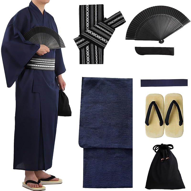【新品】 [TOuWA] 浴衣セット メンズ 7点セット (男性浴衣 ワンタッチ角帯 信玄袋 腰紐 扇子 扇子入れ クッション雪駄) 大きいサイズ 着付け簡単 夏祭り 花火大会 イベント (紺+黒L)