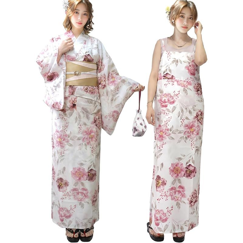 【新品】 [Aletta domani] 浴衣セット ワンピース 2点セット(浴衣、半幅帯 リバーシブル) レディース クールパス 涼しい 吸水速乾 花火大会 オフホワイト ピンク ベージュ ピンク