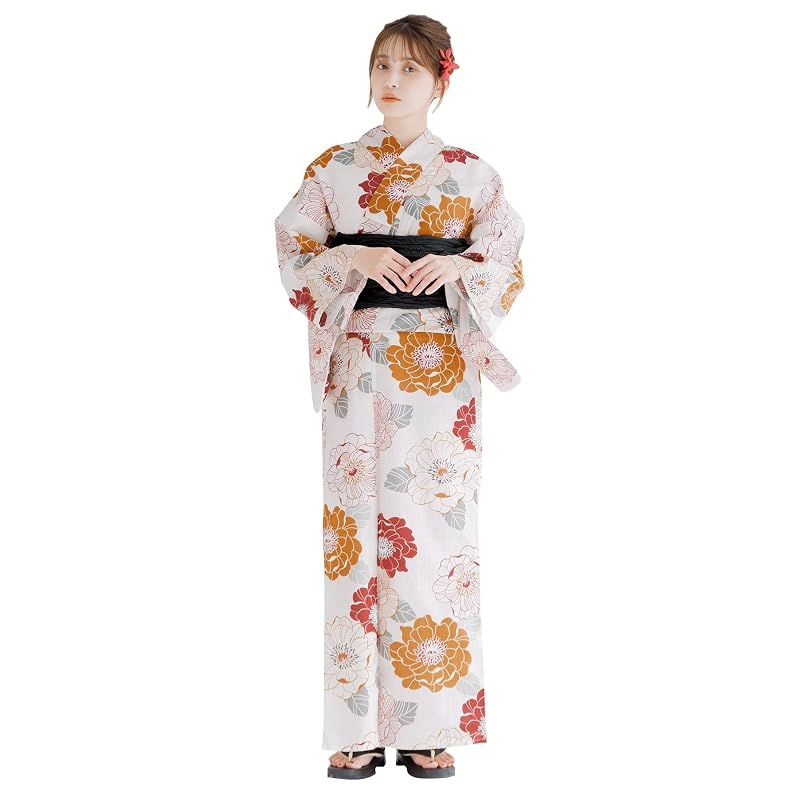 【新品】 （ディータ）Dita レディース 浴衣 5点セット 兵児帯 赤 オレンジ 青 カラフル レトロ 牡丹 花火 大柄 和風 古典 1人で簡単着付け (1.如月の椿, FREE(フリーサイズ))