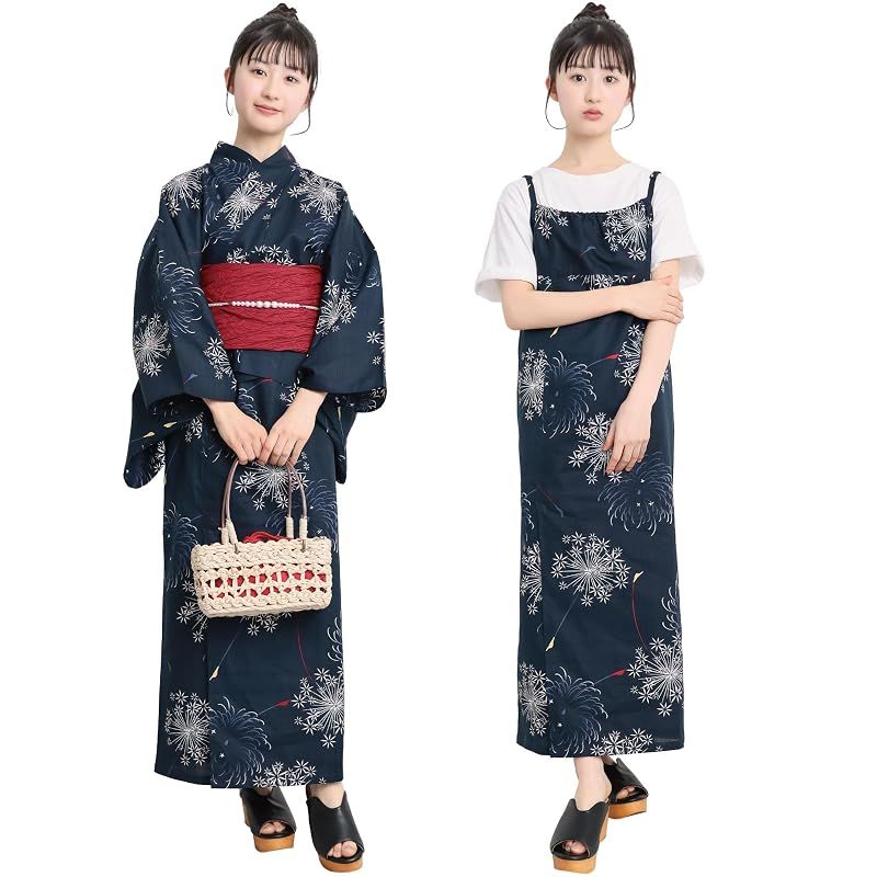 【新品】 [ON NISHIKI] 浴衣 子供 キッズ 女の子 セパレート (ワンピース＋上衣＋帯) 3点セット 綿100％ 変わり織 (140cm/150cm/160cm) ジュニア 簡単着付け 2WAY 二部式 兵児帯 レトロ 和柄 (兵児帯:ﾜｲﾝ_線香