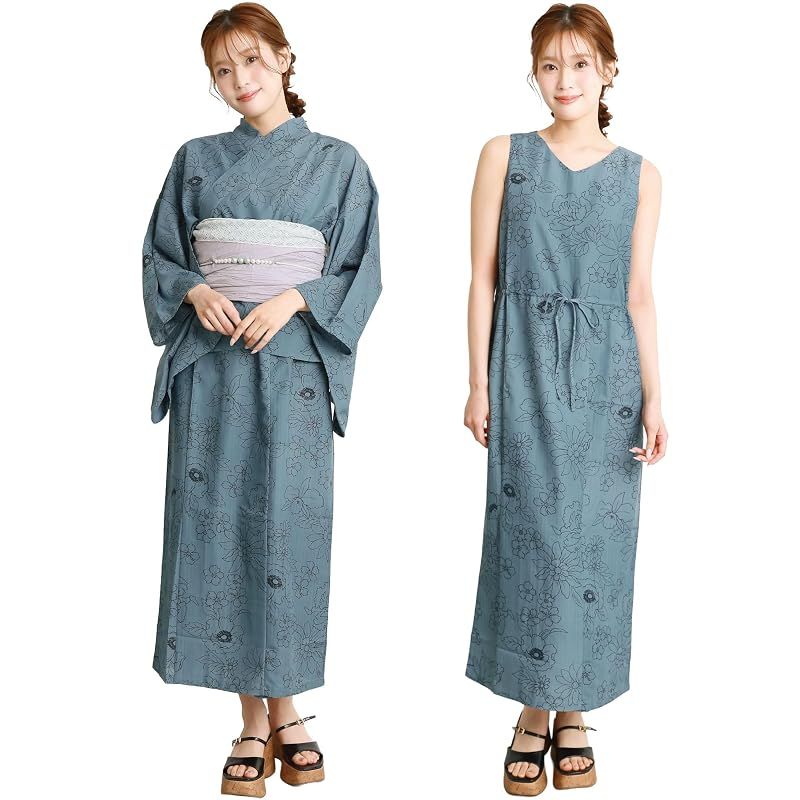 【新品】 [ON NISHIKI] 浴衣 レディース セパレート (ワンピース＋上衣＋帯) 3点セット 簡単着付け 吸水速乾 CoolPass素材 2WAY 二部式 兵児帯 大人用 フリーサイズ (ﾎﾘｿﾞﾝﾌﾞﾙｰにｱﾈﾓﾈ-1B/kww001)