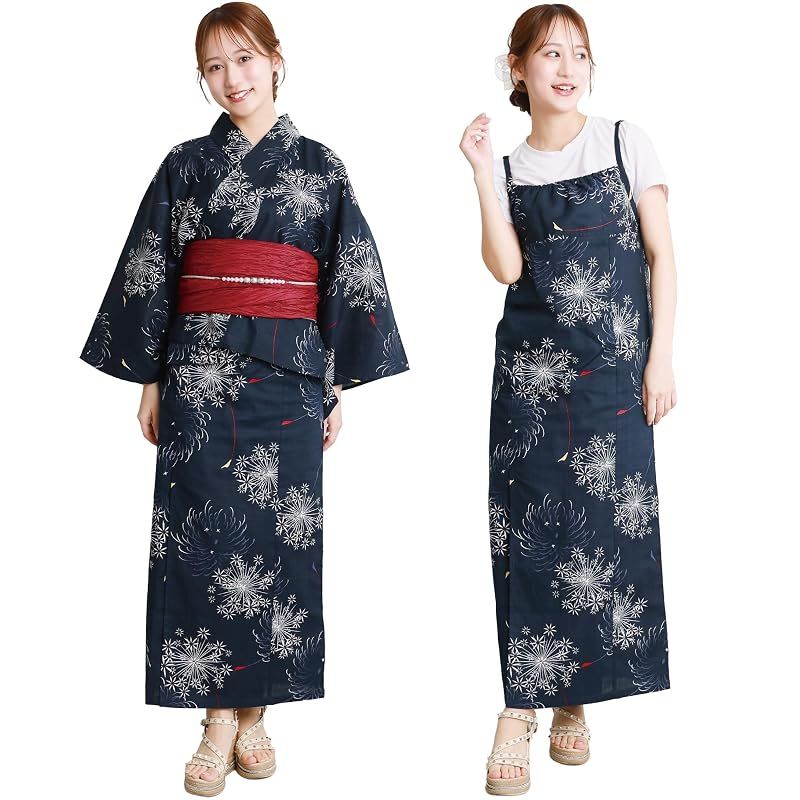 【新品】 [ON NISHIKI] 浴衣 レディース セパレート (ワンピース＋上衣＋帯) 3点セット 綿100％ 変わり織 (ML/LL) 選べるサイズ 簡単着付け 2WAY 二部式 兵児帯 大人用 レトロ 和柄 大きいサイズ (兵児帯:ﾜｲﾝ_線香花火:1