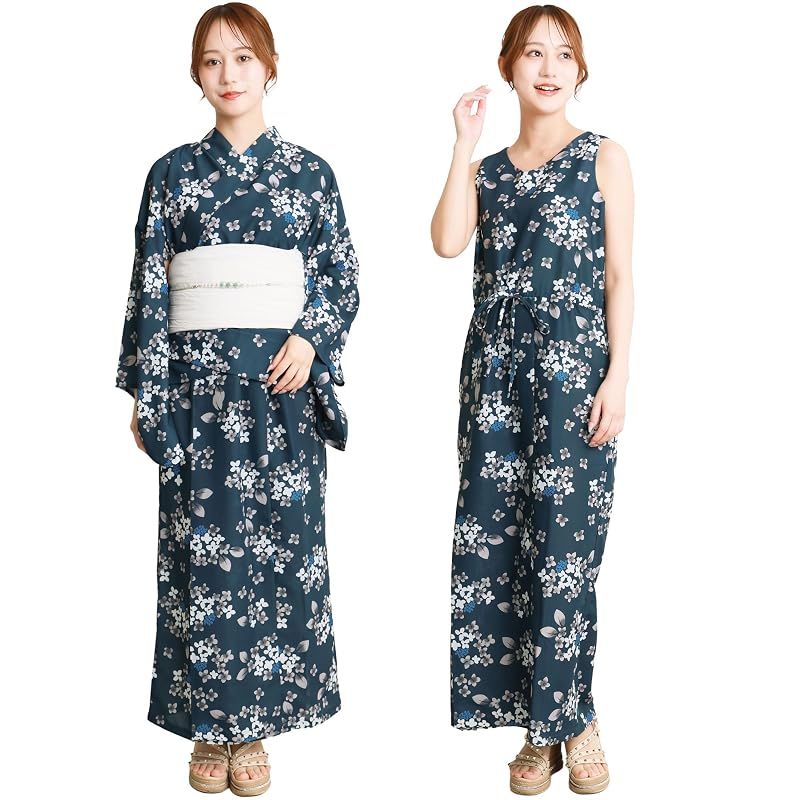 【新品】 [ON NISHIKI] 浴衣 レディース セパレート (ワンピース＋上衣＋帯) 3点セット 簡単着付け 吸水速乾 CoolPass素材 2WAY 二部式 兵児帯 大人用 フリーサイズ (ｱｲｱﾝﾌﾞﾙｰに紫陽花-4A/kww001)