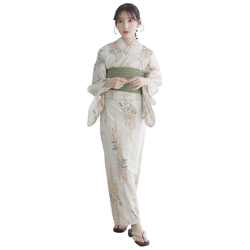 【新品】 [KYOETSU] [キョウエツ] 浴衣セット 変わり織 生成り 二部式 3点セット(浴衣、兵児帯、下駄) レディース AB(フリーサイズ, 5.黄金時雨)