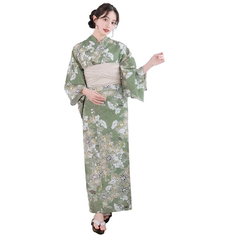 【新品】 [KYOETSU] [キョウエツ] 浴衣セット 変わり織 生成り 二部式 3点セット(浴衣、兵児帯、下駄) レディース AB (春の庭園, フリーサイズ)