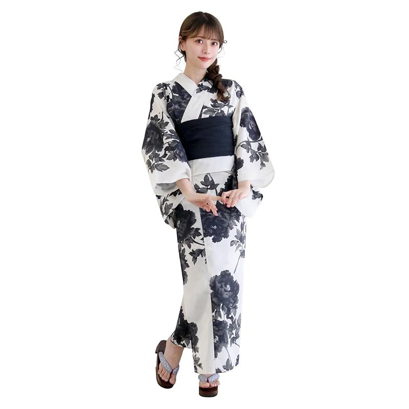 【新品】 [KYOETSU] [キョウエツ] 浴衣セット 変わり織 生成り 二部式 3点セット(浴衣、兵児帯、下駄) レディース AB (蔦に黄朝顔, フリーサイズ)