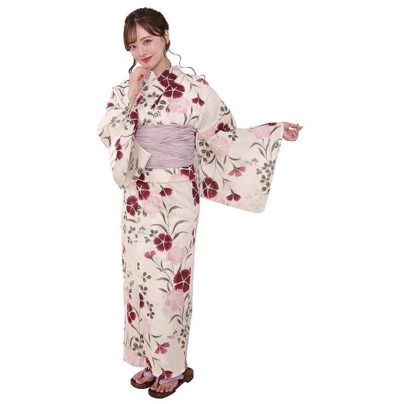 【新品】 [KYOETSU] [キョウエツ] 浴衣セット 変わり織 生成り 2点セット(浴衣、兵児帯) レディース A (あいらし淡撫子, フリーサイズ)