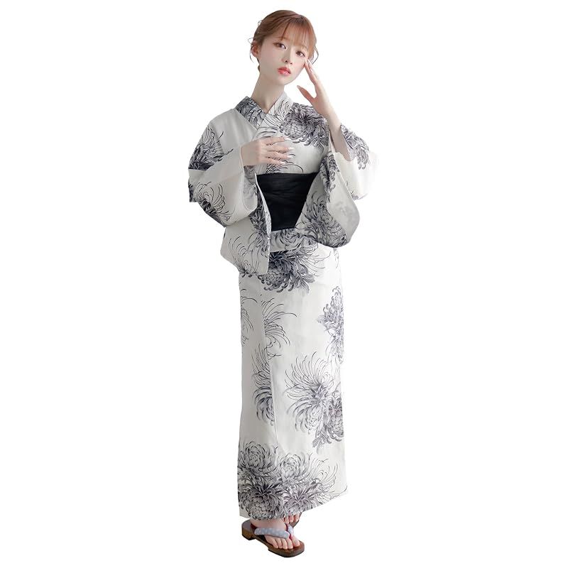 【新品】 [KYOETSU] [キョウエツ] 浴衣セット 変わり織 生成り 2点セット(浴衣、兵児帯) レディース A (菊花の陰影, フリーサイズ)
