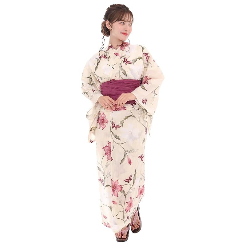 【新品】 [KYOETSU] [キョウエツ] 浴衣セット 変わり織 生成り 6点セット(浴衣、兵児帯、肌着、下駄、腰紐) レディース F (10.緋百合の蝶あそび, フリーサイズ)