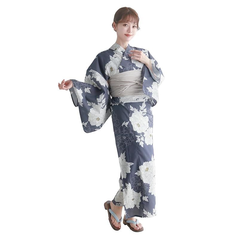 【新品】 [KYOETSU] [キョウエツ] 浴衣セット 変わり織 生成り 6点セット(浴衣、兵児帯、肌着、下駄、腰紐) レディース F (5.紺碧古典牡丹, フリーサイズ)