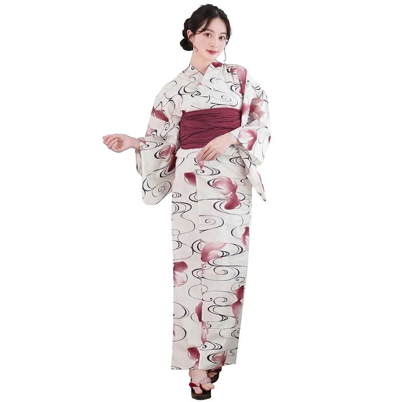 【新品】 [KYOETSU] [キョウエツ] 浴衣セット 変わり織 生成り 6点セット(浴衣、兵児帯、肌着、下駄、腰紐) レディース A (流水に金魚, フリーサイズ)