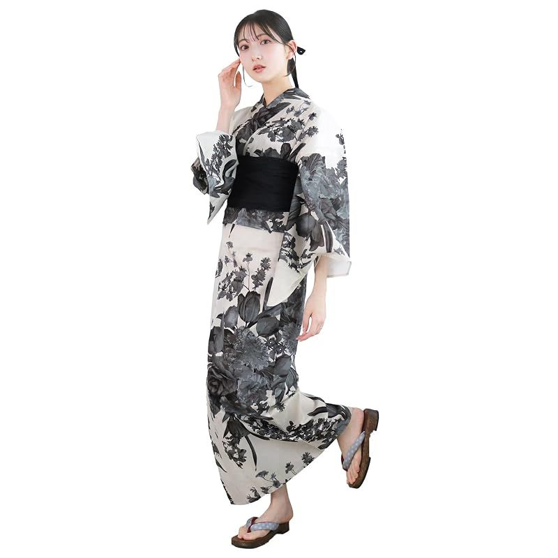 【新品】 [KYOETSU] [キョウエツ] 浴衣セット 変わり織 二部式 2点セット(浴衣、兵児帯) レディース AB (モノクロームブーケ, フリーサイズ)