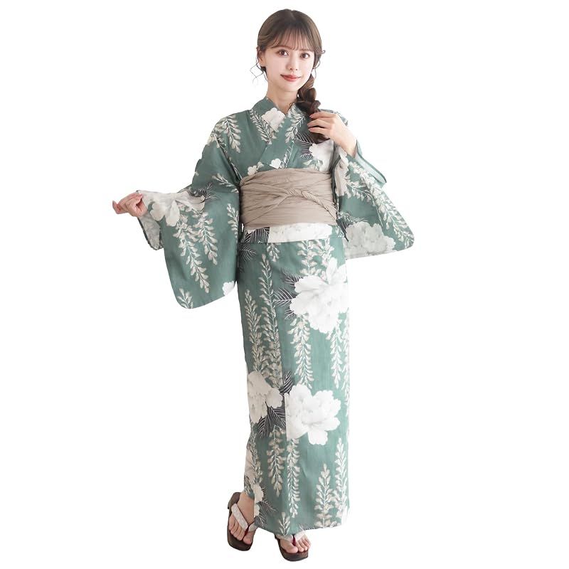 【新品】 [KYOETSU] [キョウエツ] 浴衣セット 変わり織 二部式 2点セット(浴衣、兵児帯) レディース AB (夏木立に牡丹重ね, フリーサイズ)