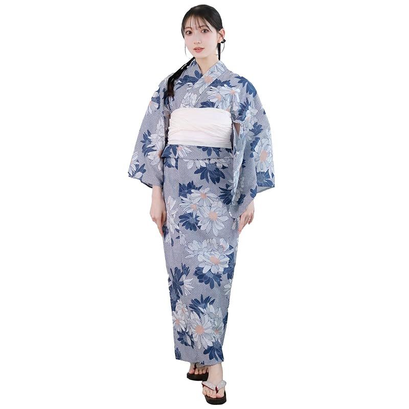 【新品】 [KYOETSU] [キョウエツ] 浴衣セット 変わり織 二部式 2点セット(浴衣、兵児帯) レディース AB (白蓮に絞, フリーサイズ)