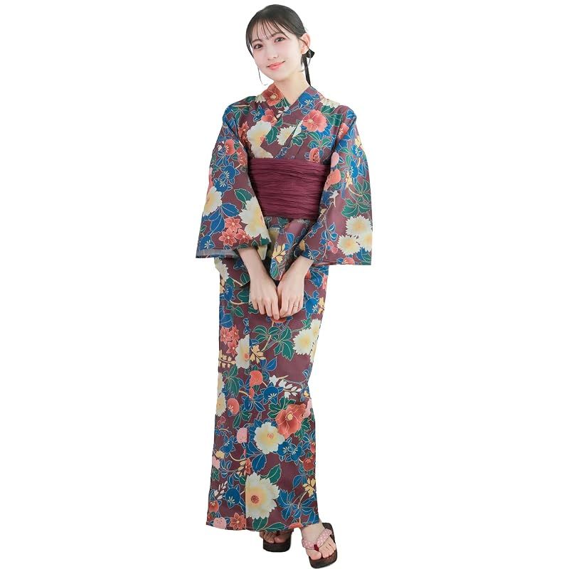 【新品】 [KYOETSU] [キョウエツ] 浴衣セット 変わり織 二部式 2点セット(浴衣、兵児帯) レディース AB (紅紫に秋草, フリーサイズ)