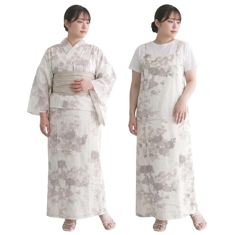 【新品】 [KYOETSU] [キョウエツ] 浴衣セット 変わり織 生成り ワンピース 2点セット(浴衣、兵児帯) レディース フリーワイドサイズ FW (亜麻色小庭, フリーワイドサイズ)