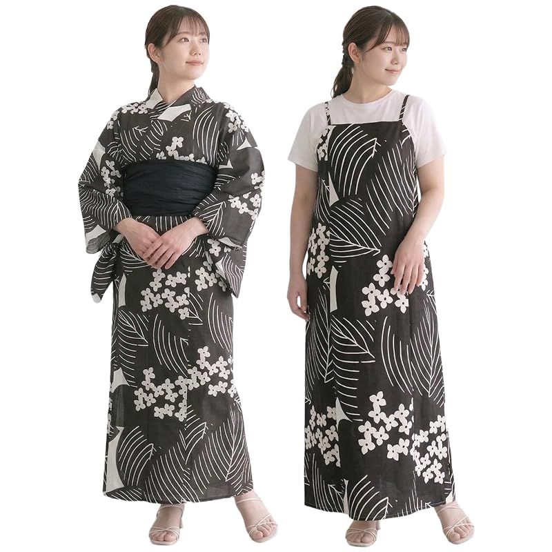 【新品】 [KYOETSU] [キョウエツ] 浴衣セット 変わり織 生成り ワンピース 2点セット(浴衣、兵児帯) レディース フリーワイドサイズ FW (墨絵花影, フリーワイドサイズ)