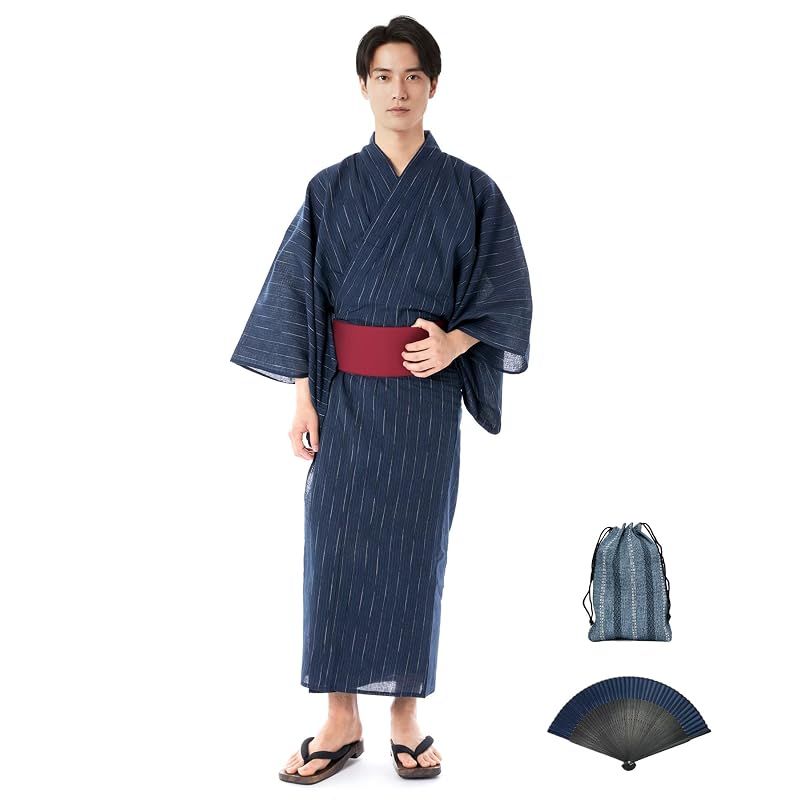 【新品】 [KYOETSU] [キョウエツ] 浴衣 メンズ セット しじら C ゆかた 黒 紺 おしゃれ 綿 男性 6点セット (11.縞×紺(ワンタッチ赤), M)