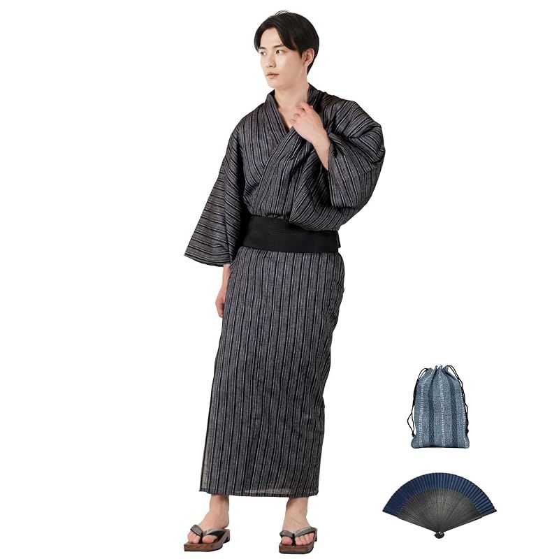 【新品】 [KYOETSU] [キョウエツ] 浴衣 メンズ セット しじら C ゆかた 黒 紺 おしゃれ 綿 男性 6点セット (15.滝縞×黒(ワンタッチ黒), L)