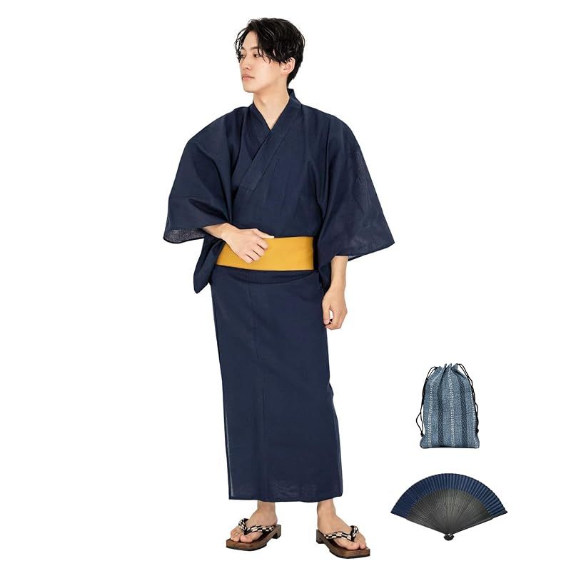 【新品】 [KYOETSU] [キョウエツ] 浴衣 メンズ セット しじら C ゆかた 黒 紺 おしゃれ 綿 男性 6点セット (8.無地×紺(ワンタッチ金), L)