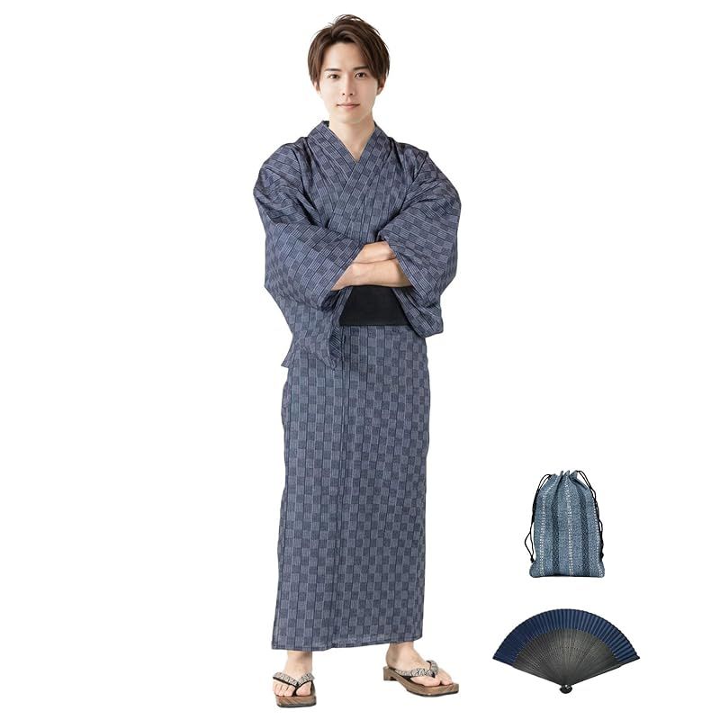 【新品】 [KYOETSU] [キョウエツ] 浴衣 メンズ セット しじら C ゆかた 黒 紺 おしゃれ 綿 男性 6点セット (18.市松×紺(ワンタッチ黒), LL)