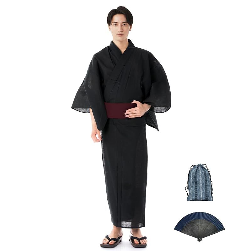 【新品】 [KYOETSU] [キョウエツ] 浴衣 メンズ セット しじら C ゆかた 黒 紺 おしゃれ 綿 男性 6点セット (7.無地×黒(ワンタッチ紫), LL)