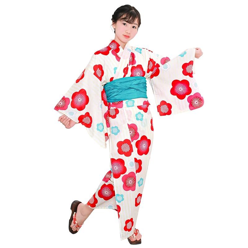 【新品】 [KYOETSU] [キョウエツ] 浴衣セット 女の子 変わり織 生成り 3点セット(浴衣、兵児帯、下駄) ガールズ ジュニア (2.梅ストライプ, 150cm)