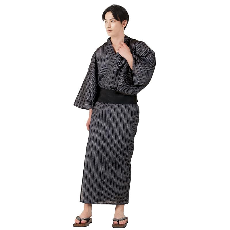 【新品】 [キョウエツ] 浴衣 メンズ セット ゆかた 男性 黒 紺 おしゃれ 綿 しじら C 4点セット (M, 15.滝縞×黒(ワンタッチ黒))