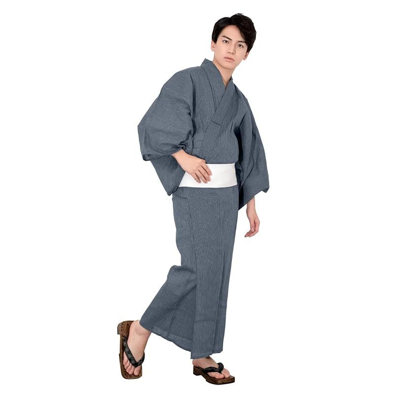 【新品】 [キョウエツ] 浴衣 メンズ セット ゆかた 男性 黒 紺 おしゃれ C 4点セット (M, C-21.細縞×藍(ワンタッチ角帯 白))