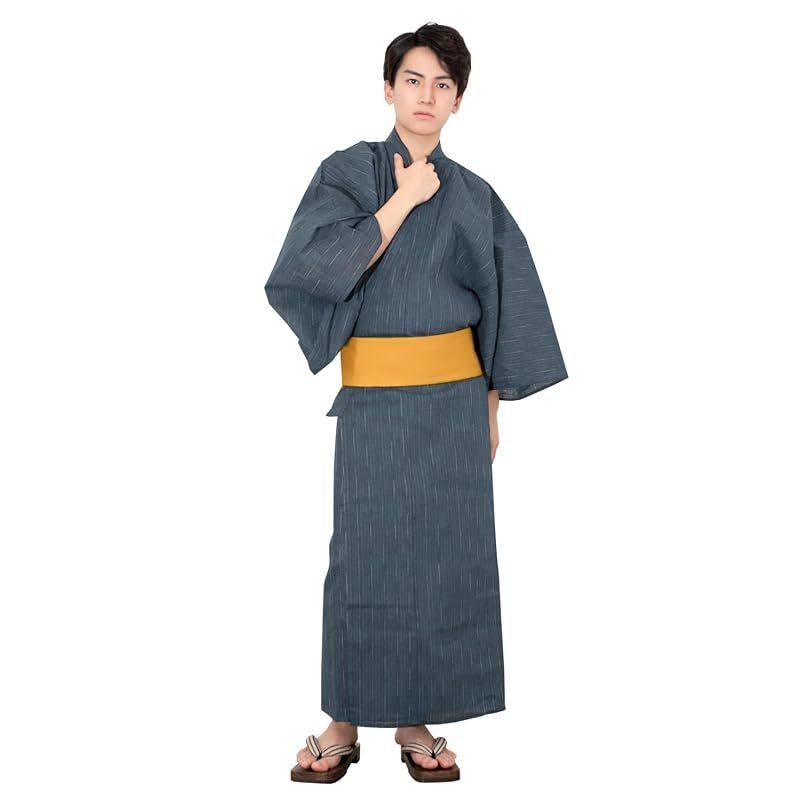 【新品】 [キョウエツ] 浴衣 メンズ セット ゆかた 男性 黒 紺 おしゃれ C 4点セット (L, C-24.縞×藍(ワンタッチ角帯 金))