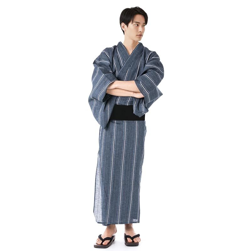 【新品】 [キョウエツ] 浴衣 メンズ セット ゆかた 男性 黒 紺 おしゃれ 綿 しじら C 4点セット (LL, 5.変わり縞×紺(ワンタッチ黒))