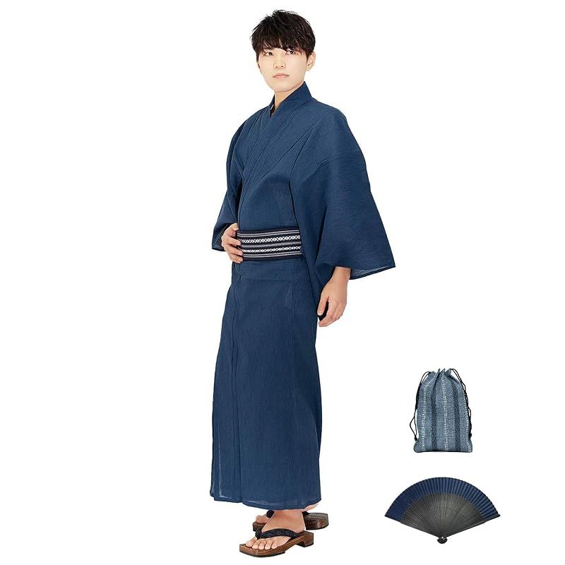 【新品】 [KYOETSU] [キョウエツ] 浴衣 メンズ セット ゆかた 男性 - 大きいサイズ 黒 紺 グレー 帯 下駄 腰紐 巾着 綿 麻 無地 おしゃれ G 6点 フルセット (M, G-10.青(ワンタッチ角帯 紺))