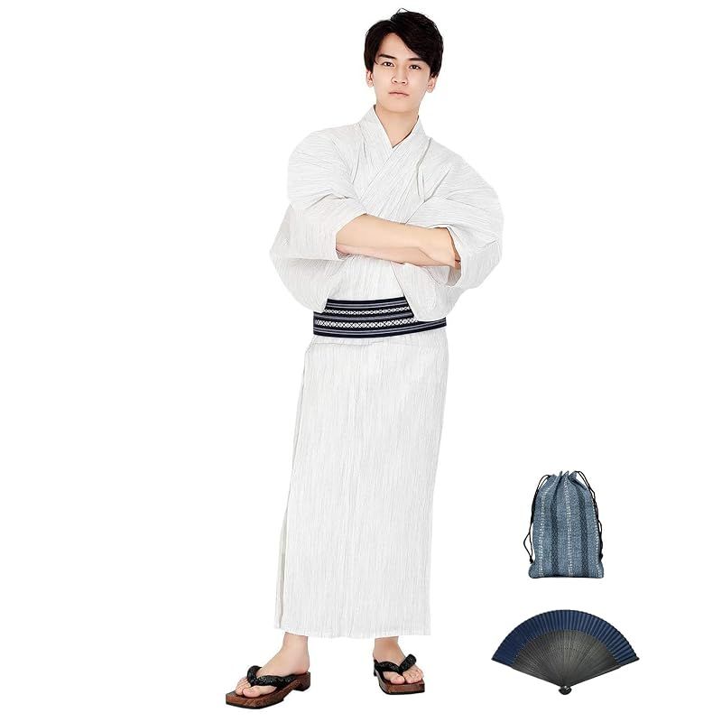 【新品】 [KYOETSU] [キョウエツ] 浴衣 メンズ セット ゆかた 男性 - 大きいサイズ 黒 紺 グレー 帯 下駄 腰紐 巾着 綿 麻 無地 おしゃれ G 6点 フルセット (L, G-11.白(ワンタッチ角帯 紺))